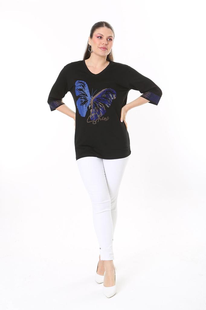 Damen Übergröße Bluse Plus Size Schwarz Schmetterlingsdruck und Steinbesetzte Kurzarmbluse