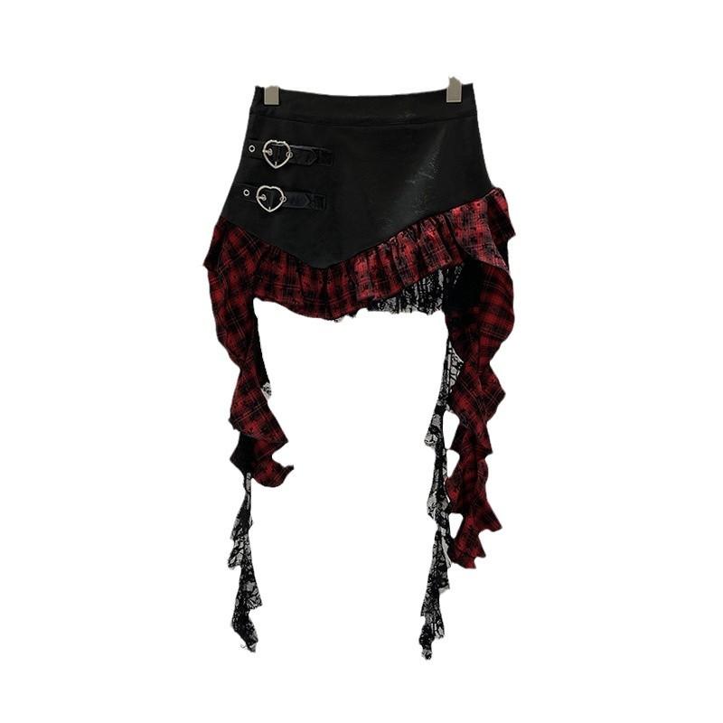 French irregular ruffle edge skirt plaid splicing leather skirt love buckle personalized retro Spice Girl short skirt women's autumn