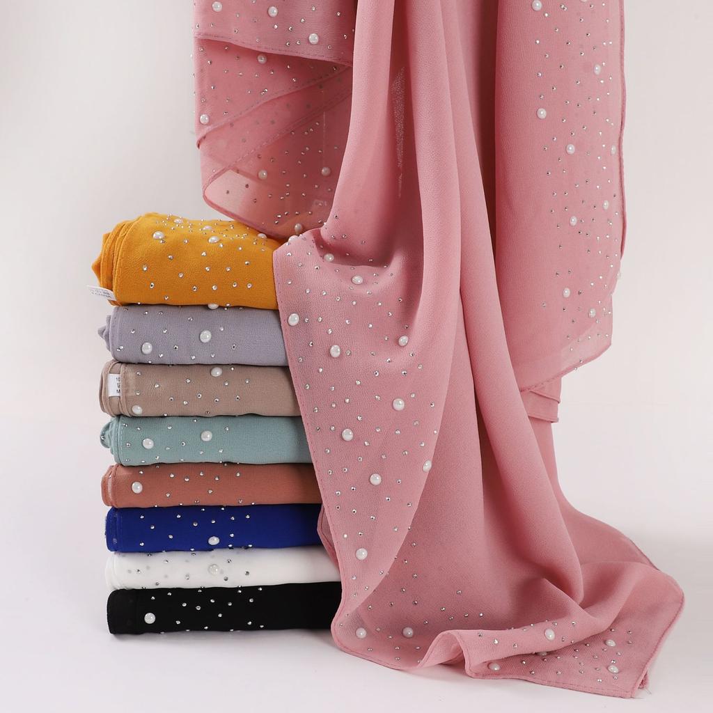 Pearl Chiffon Scarf With Ceramic Diamond Long Shawl For Women