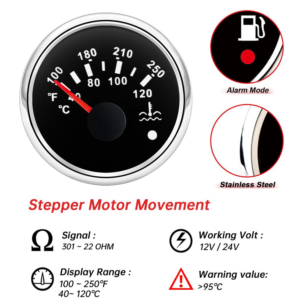 40~120℃ 100~250℉ Water Temperature Gauge with Alarm 2" 52mm Water Temp Meter Red Backlight for Auto Car Boat Yacht 12V24V custom