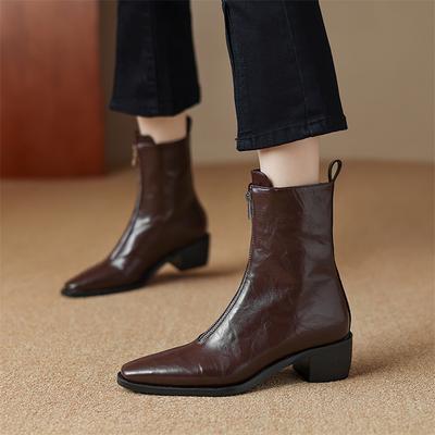 FOREADA Women Ankle Boots Square Toe Block Mid Heels Zipper Short Boots Concise Ladies Fashion Shoes Autumn Winter Black Brown 43