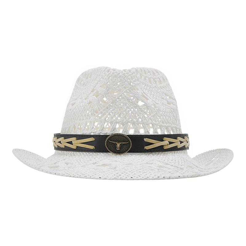 Western Style Hollowed Straw Hat Men Women Cowgirl Hats Summer Breathable Beach Caps Stylish Holiday Wide Brim Sun Cap