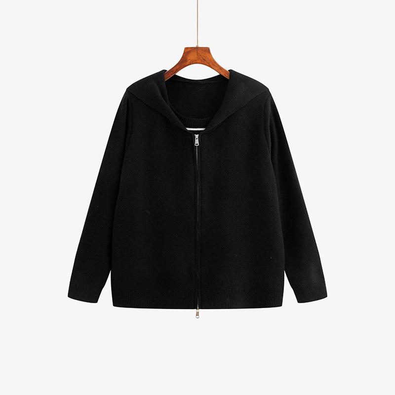 

Plus Size Winter Hooded Cardigan - Faux Two-Piece Loose Knit Style for Women XL (60-75kg) чёрный