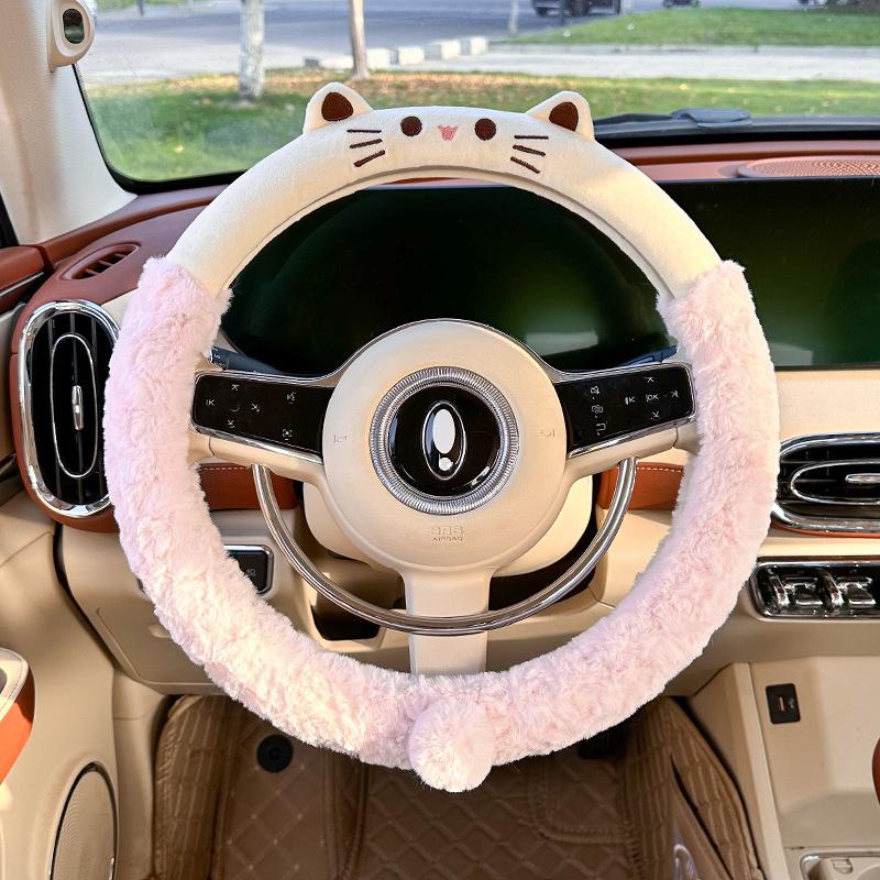 Cartoon Auto Lenkradabdeckung Niedliche Katze Plüsch Winter Warm Auto Griff Rosa Schutzhülle Zubehör