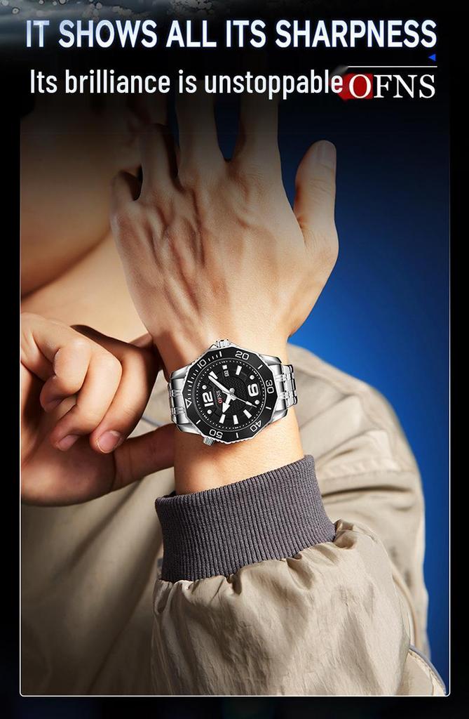 OFNS Men's Rotating Bezel Quartz Watch: 3D Numerals, Waterproof, Steel Strap, Ideal for Business & Commuting