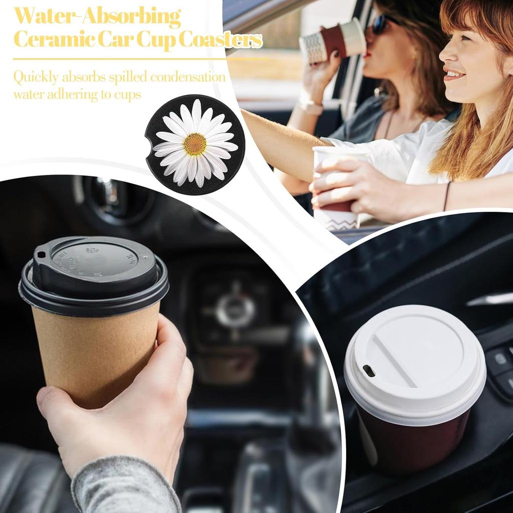 4Pcs Daisy Car Coasters for Cup Holders, Universal Non-Slip Absorbent Cup Holders, Cute Ceramic Drink Cup Car Holder Coasters, Car Interior