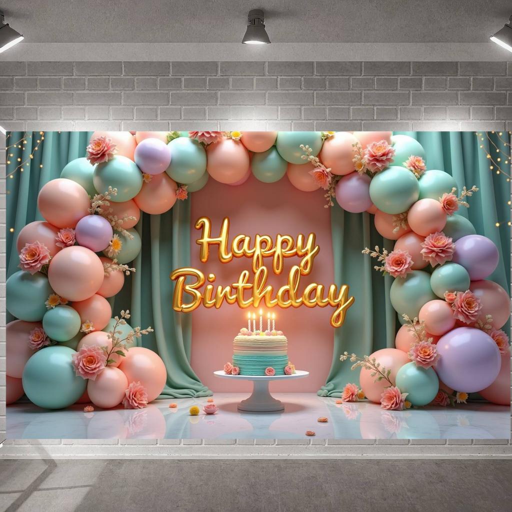 Balloons Happy Birthday Banner Golden Letters Birthday Party Backdrop Floral Decorations Cake Celebration for Indoor Eve