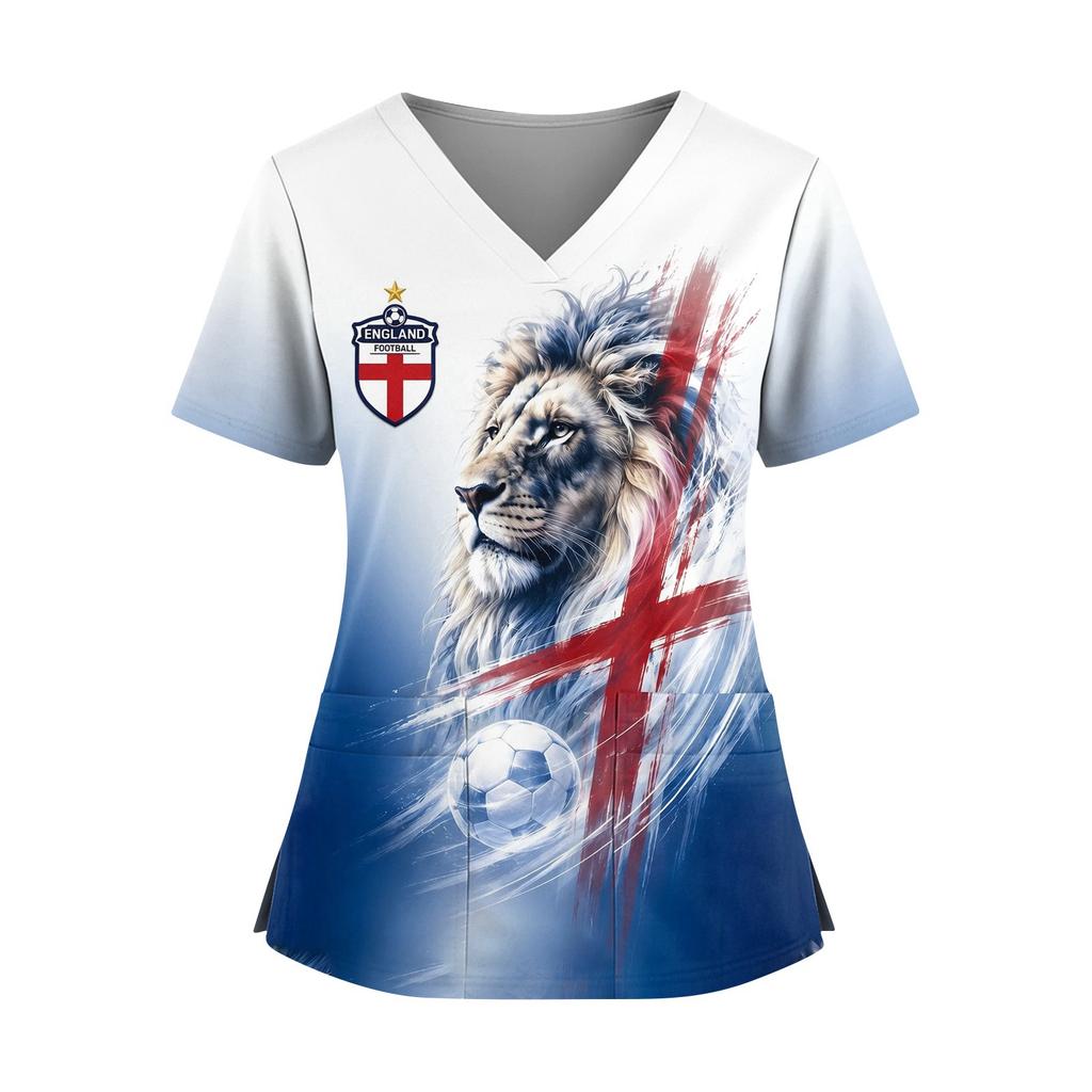 Women's V-Neck Short Sleeve Work Top with Pockets and Side Slits, Soccer Flag Print