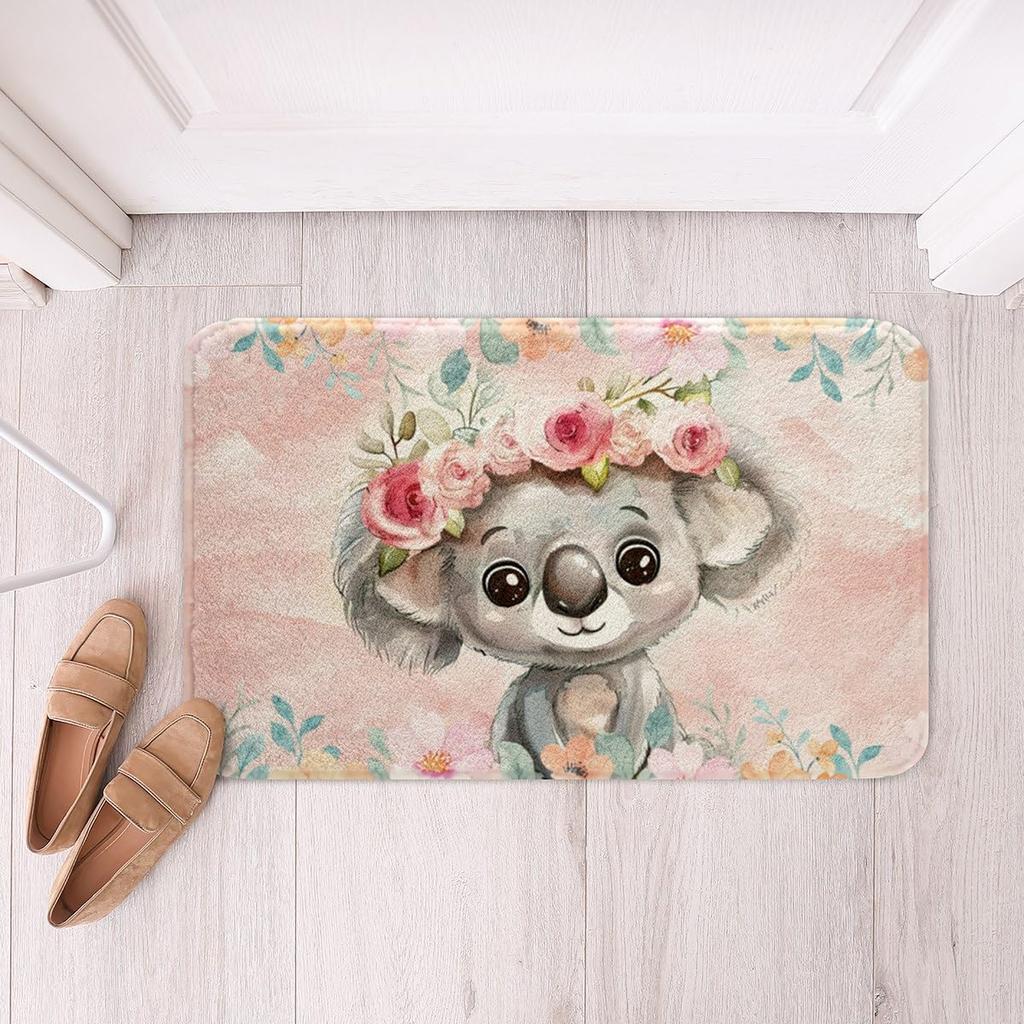 Cartoon Koala Area Rug Kawaii Wild Animal Carpet Flower Floor Mat for Bathroom Living Room Backyard Non Slip Entrance Doormat