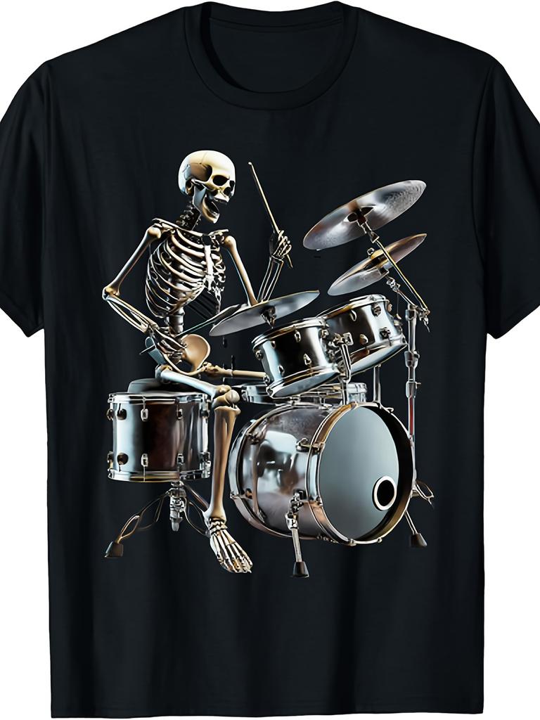 2025 Summer Short-Sleeved T-Shirt Made of Pure, Featuring a Halloween-Themed Rocker Skeleton And Skull Playing Drums, Suitable for Both Men And Women