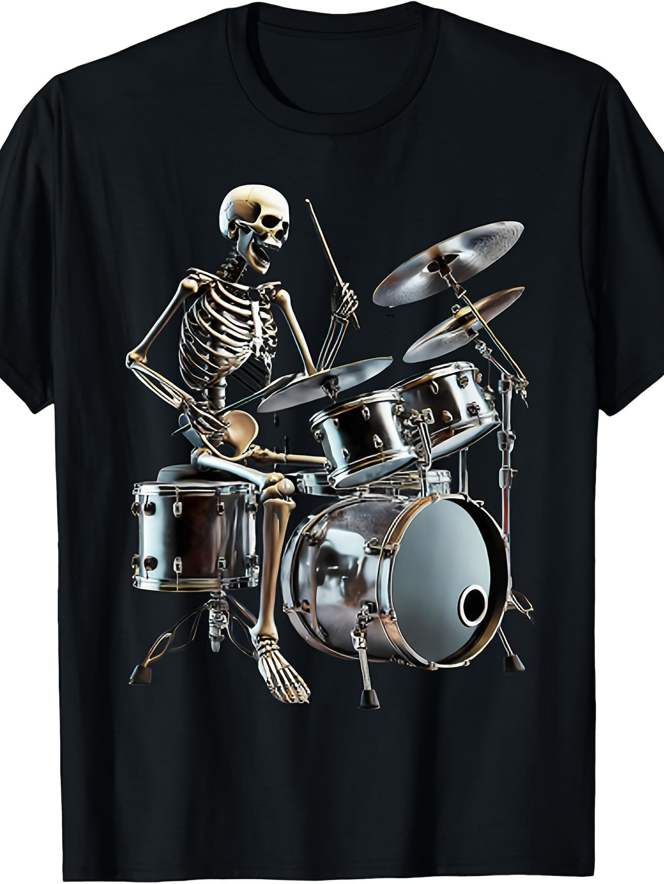 

2025 Summer Short-Sleeved T-Shirt Made of Pure, Featuring a Halloween-Themed Rocker Skeleton And Skull Playing Drums, Suitable for Both Men And Women 5XL різнокольоровий