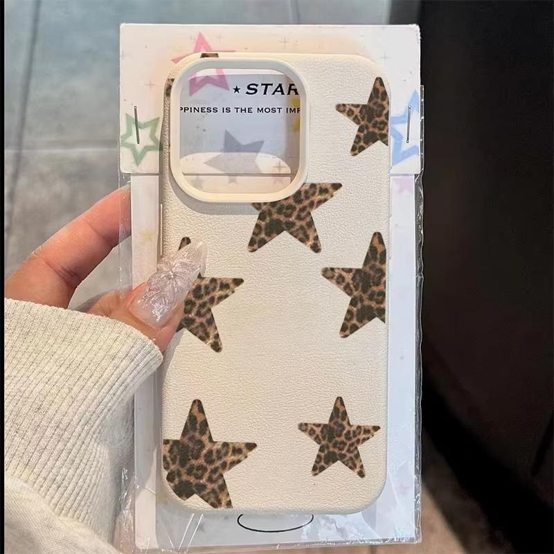 Leopard Print Stars Lychee Texture Phone Case For iPhone 17 Air 16 E 15 14 13 12 11 Pro Max Plus SE Soft Cover