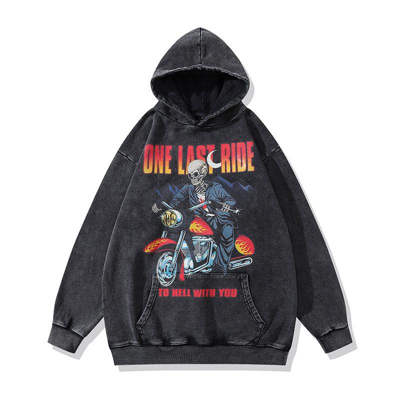 Tide Sweater Men'S Vintage Skull Print Loose Heavy Wash Do Old Hooded Sweater