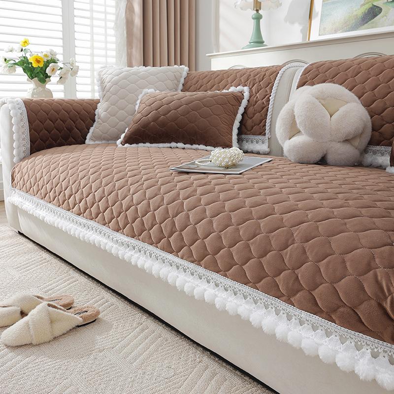 Cream Wind Crystal Fleece Sofa Cushion  Winter New Thickened Plush Seat Cushion Living Room Non-Slip Sofa Cover