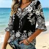 Women's Boho Floral Paisley Print Blouse, Tie Neck 3/4 Flare Sleeve Casual Loose Tunic for Daily Vacation Wear