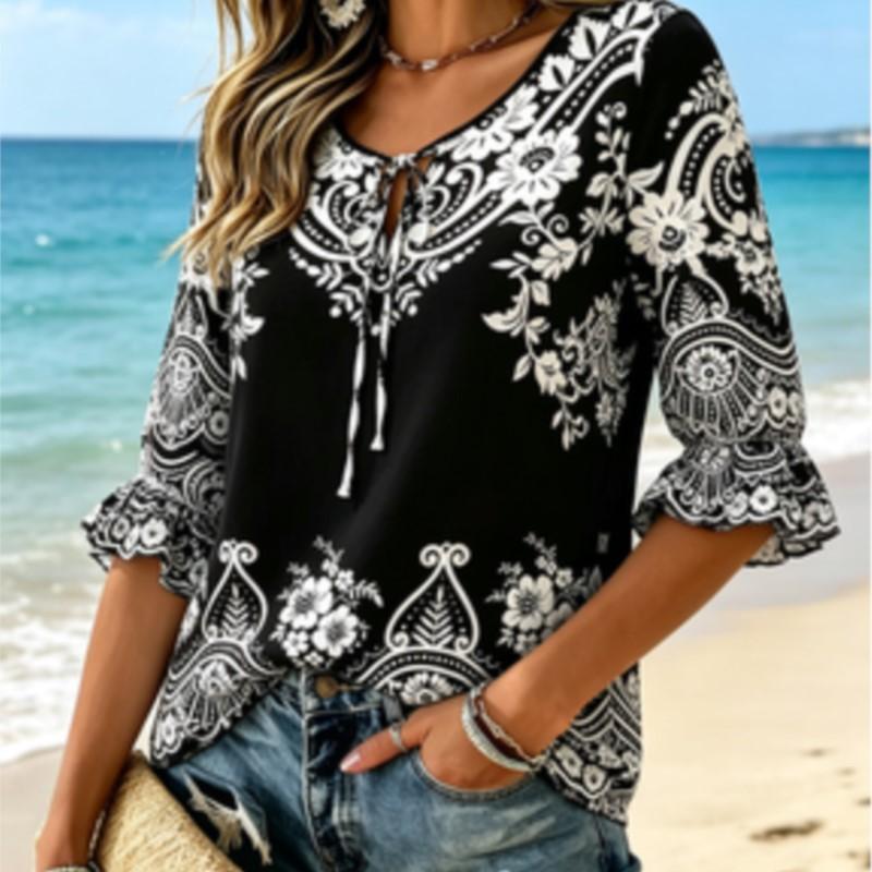 Women's Boho Floral Paisley Print Blouse, Tie Neck 3/4 Flare Sleeve Casual Loose Tunic for Daily Vacation Wear