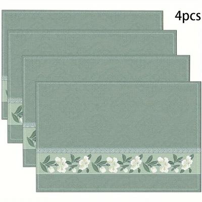 4 piezas Elegantes Manteles Individuales Florales de Lino Color Verde Salvia Borde de Llave Griega Set de 4 Piezas Estilo Vintage Manteles de Mesa Para Boda Fiesta Comedor