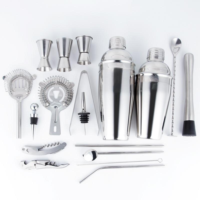 Stainless Steel Cocktail Shaker Set With Storage Wooden Rack For Home Bar Enthusiasts