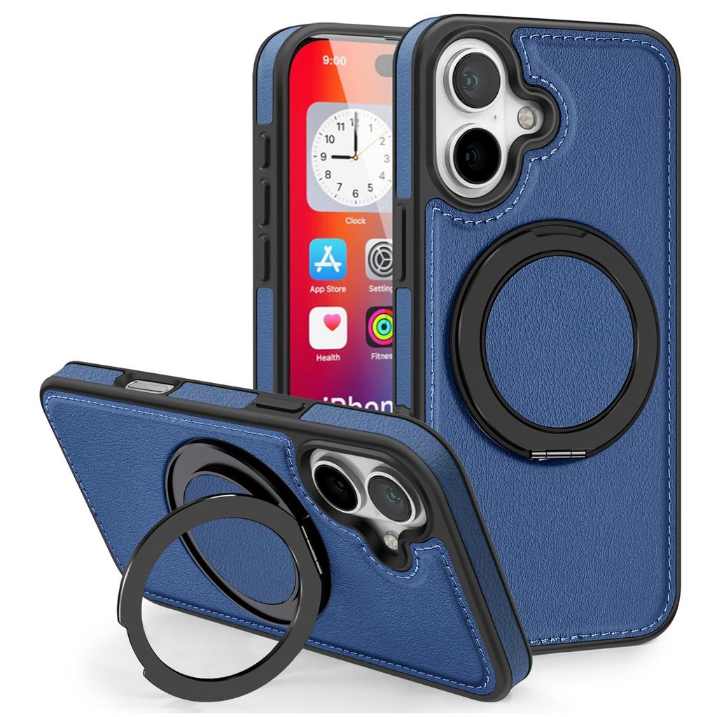 Etui do iPhone'a 16 z pierścieniem i podstawką, kompatybilne z MagSafe, tył z skóry PU