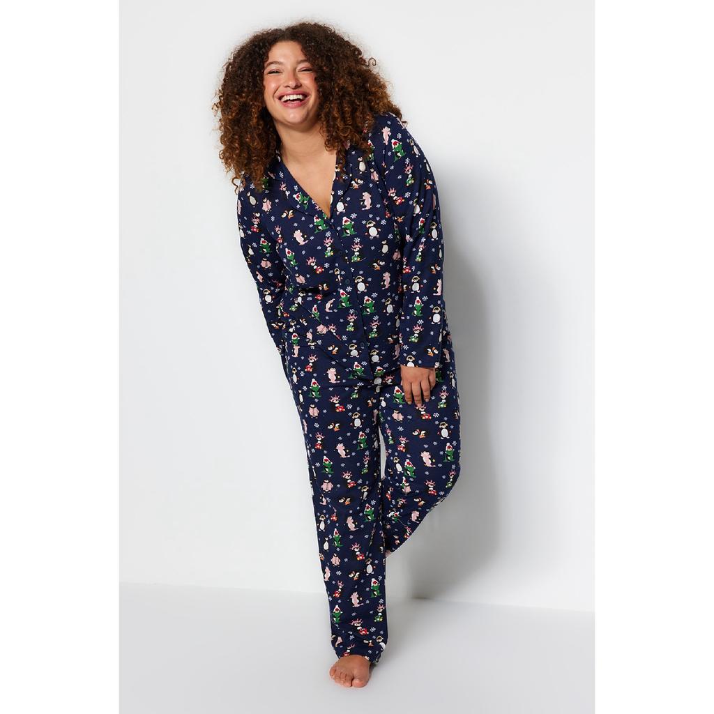 Navy Blue Patterned Knitted Pajama Set Tbbaw24ai00002