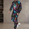 Men Plus Size Pink Printed Round Neck Long Sleeve Top Cuffed Pants Two Piece Set