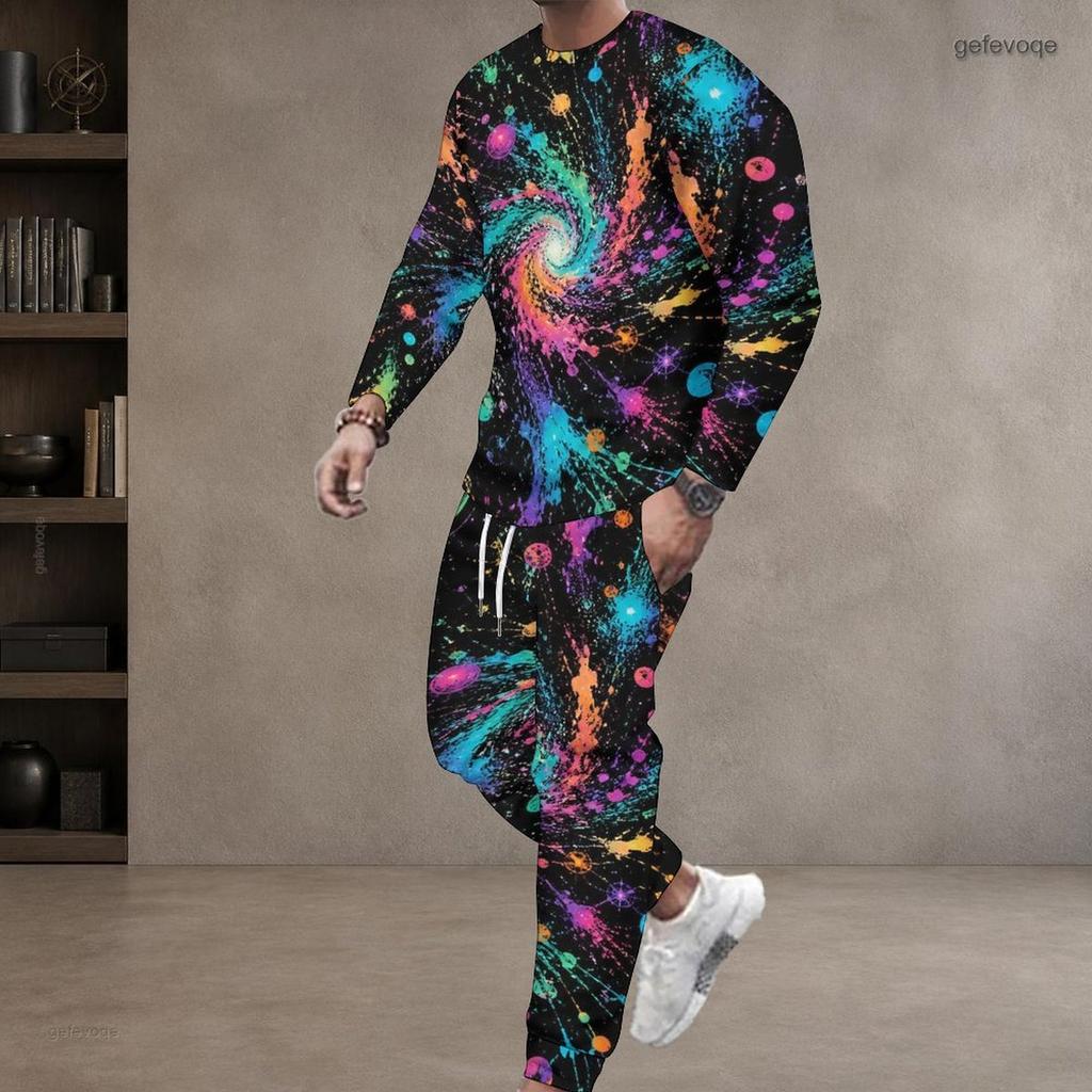Men Plus Size Pink Printed Round Neck Long Sleeve Top Cuffed Pants Two Piece Set