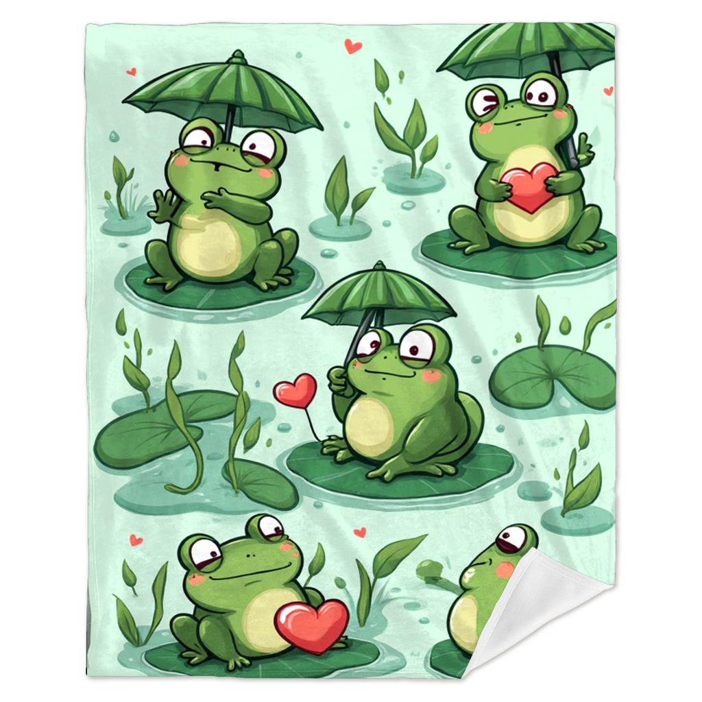 Coperta Ranocchia Carina Ranocchie Cartone Animato Con Ombrelli E Cuori Design Foglia di Giglio Verde Morbido Pile Plaid Accogliente Decorazione Stanza Bambini Idea Regalo