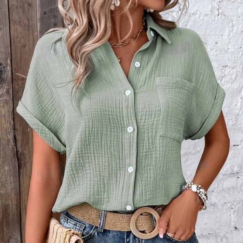 

Летняя новая повседневная свободная женская рубашка с коротким рукавом, однотонная блузка на пуговицах большого размера для женщин, модная элегантная женская рубашка с отложным воротником 26353 XXL
