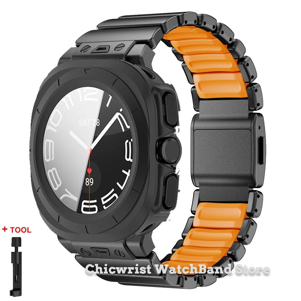 Armband+Hülle für Samsung Galaxy Watch Ultra 2025/7 ultra Edelstahl Gummiarmband Gehärtetes Glas Displayschutz Hülle aus Hart-PC