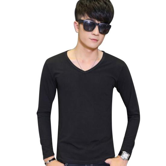 Long Sleeve Men's T-Shirt Slim Fit V-Neck Casual Solid Color Tee Bottoming Top