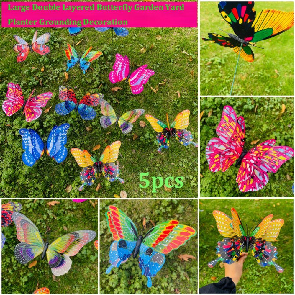5pcs Large Garden Yard Planter Butterfly Double Layered Colorful Grounding Decoration Waterproof 3D Butterfly Stakes Butterfly