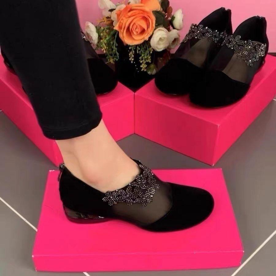 Baotou fritid blomst rhinestone stor størrelse rund tå matt damesko meshgarn lav hæl hul flat hæl enkeltsko