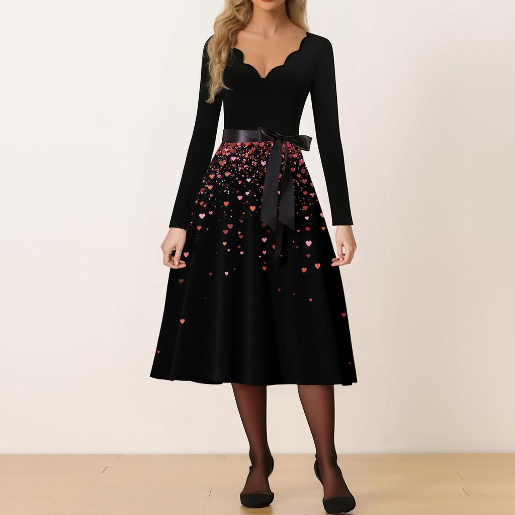 Women's Casual Fashion V-neck Valentine's Day Print Retro Dress