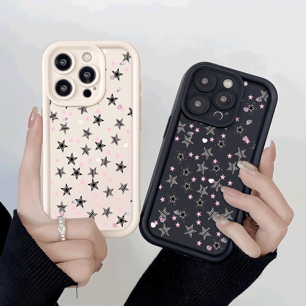 Black and Pink Star Pattern Icons Shockproof Phone Case for Xiaomi Redmi Note 14 13 12 11 10 9 8 7 Pro Anti-Slip Soft TPU Cover