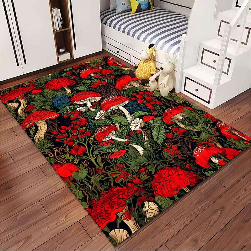 Red Mushroom and Floral Pattern suitable as a non-slip mat for the living room or bedroom sofa