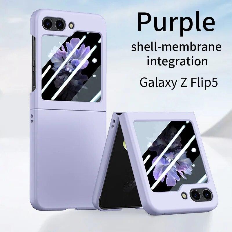 For Samsung Galaxy Z Flip 5 5G Case Ultra Thin PC Skin Feeling Solid Color With Temper Glass Full 360 Degree Cover For Z Flip5