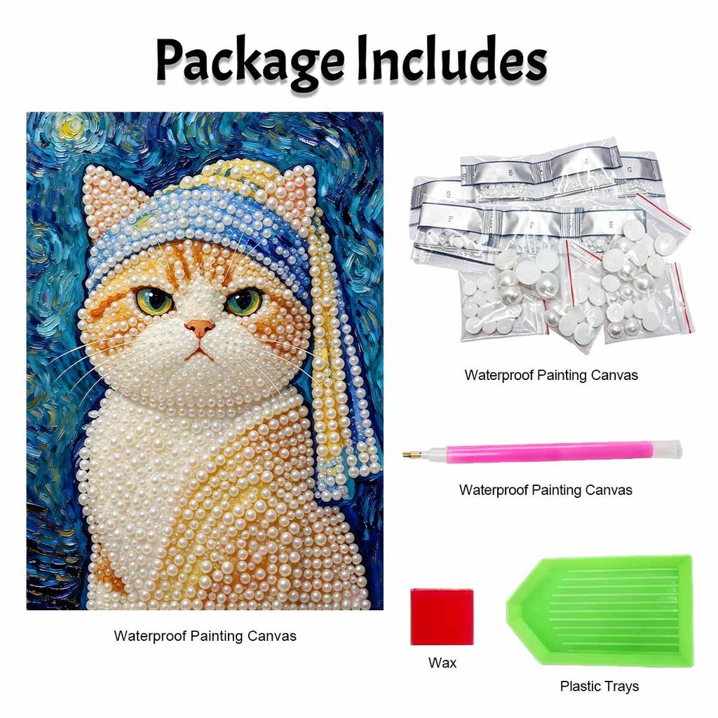 Pearl Painting DIY Kit Cute Cat Wearing Blue Hat Frameless Sparkling Bead Art Canvas Creative Home Decor Craft for Beginners