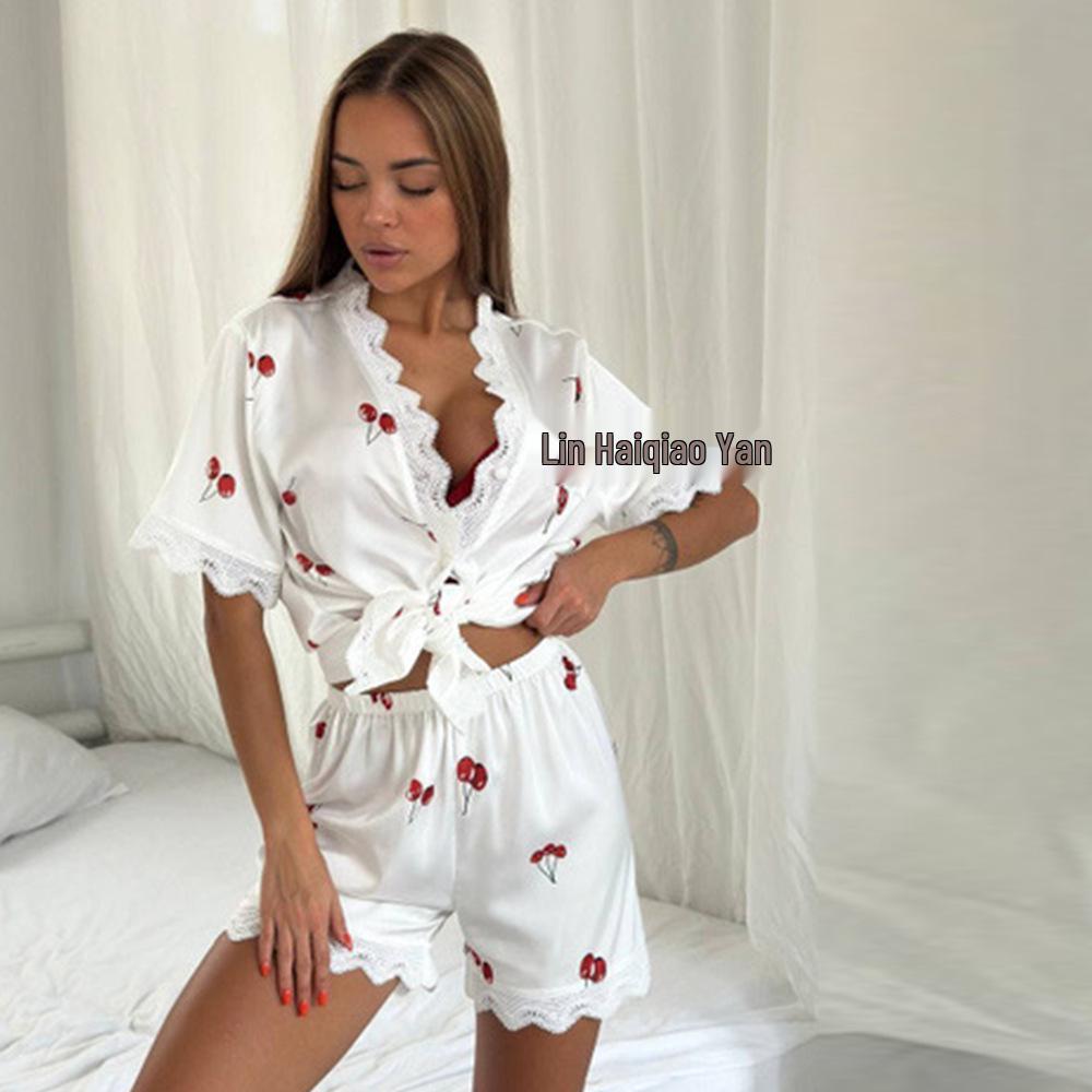 

Plus Size Women s Ice Silk Short-Sleeve Pajama Set - Summer Cardigan Two-Piece M