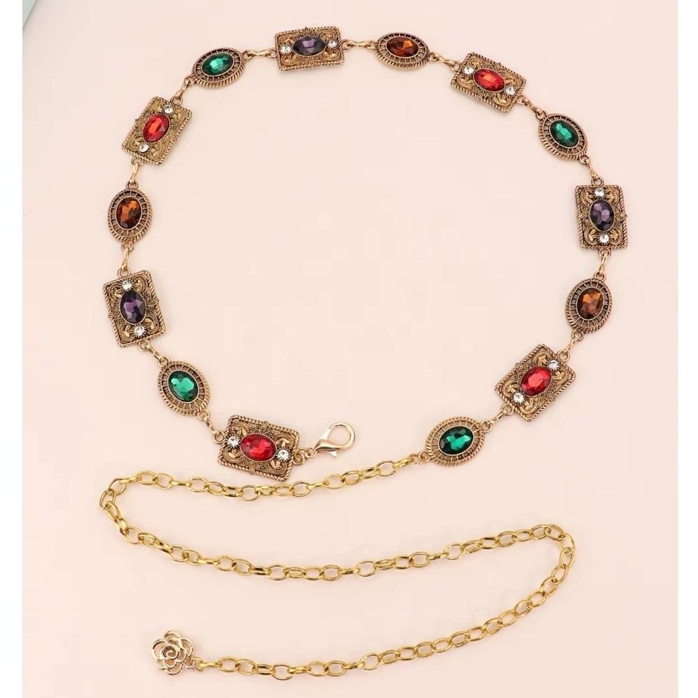 Elegant Golden & Silver Waist Chain Accessory Metal Material Oval Carved Dress Belt Rhinestone Decor Body Chain For Women