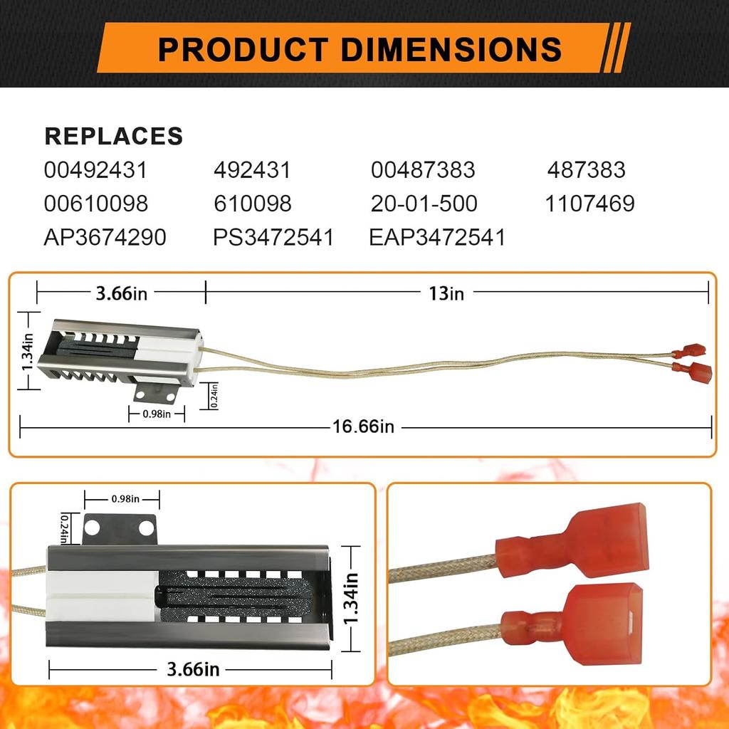 SGR2431 00492431 00487383 oven igniter for Bosch Thermador Gas Range Flat Ignitor, Replaces 1107469 AP3674290 PS3472541 EAP3472541