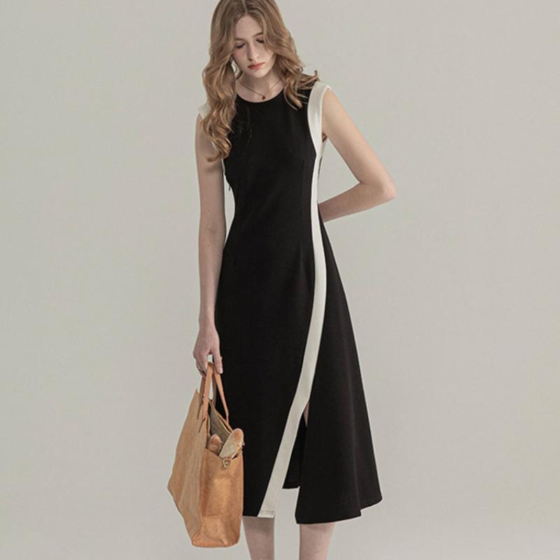 Spring Summer Women O Neck Comfortable Elegance Sleeveless Temperament High Waist A Line Simple Solid Color Long Dress