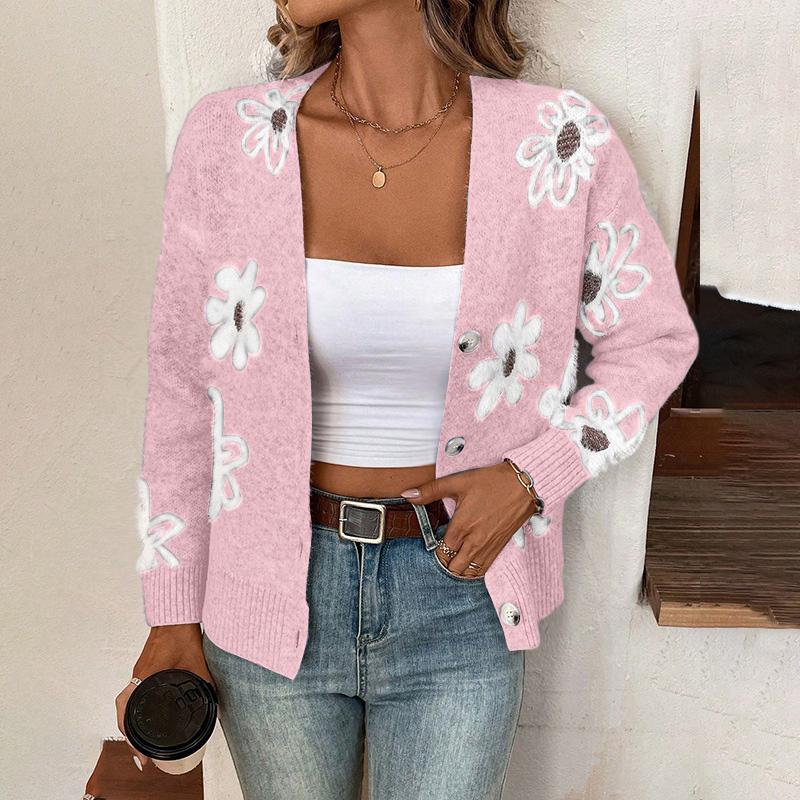 Women's New Autum And Winter Flower Pattern Button Front Cardigan Sweater Coat