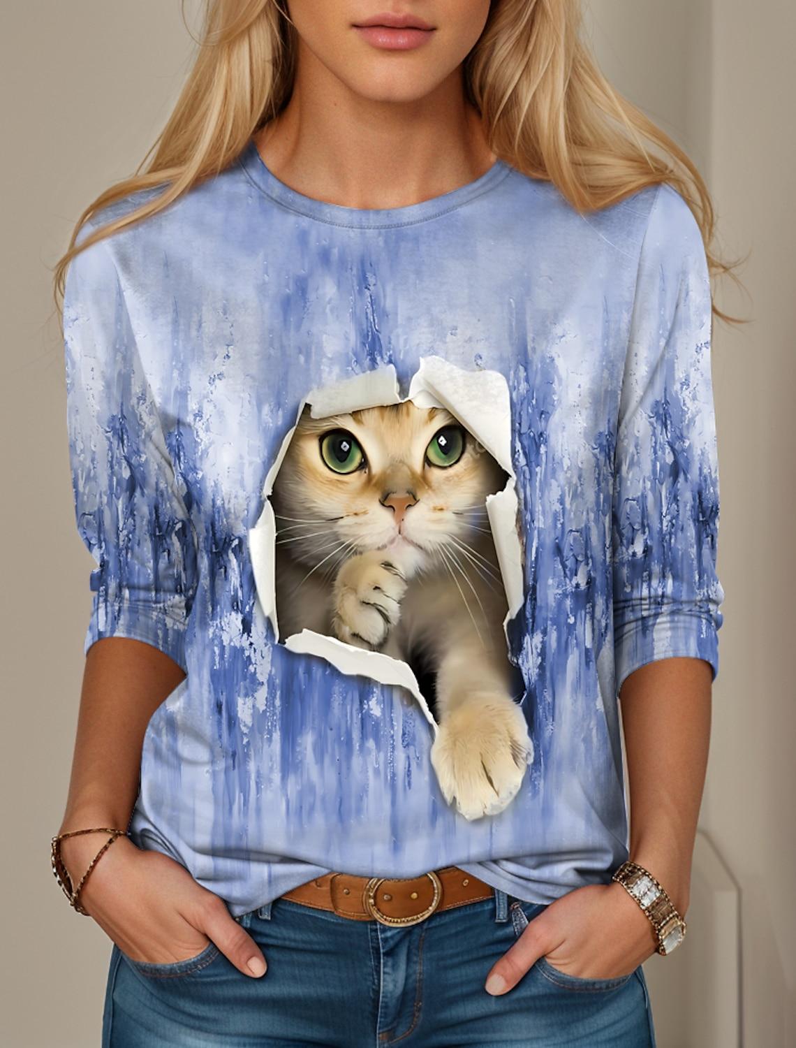 

Новая женская футболка с 3D-принтом, кавайной анималистичной графикой, длинным рукавом, забавным круглым вырезом, стандартным кроем, весна/осень, тонкий стиль, толстовка 6XL