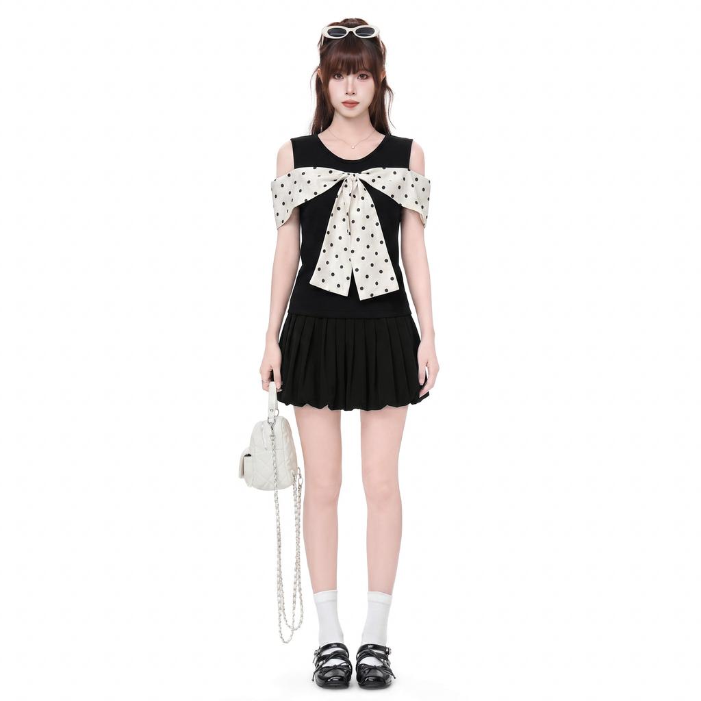 Korean Black Bow Polka Dot Off-the-shoulder Short-sleeved T-shirt Women's Summer New Slim-fit Unique Beautiful Top