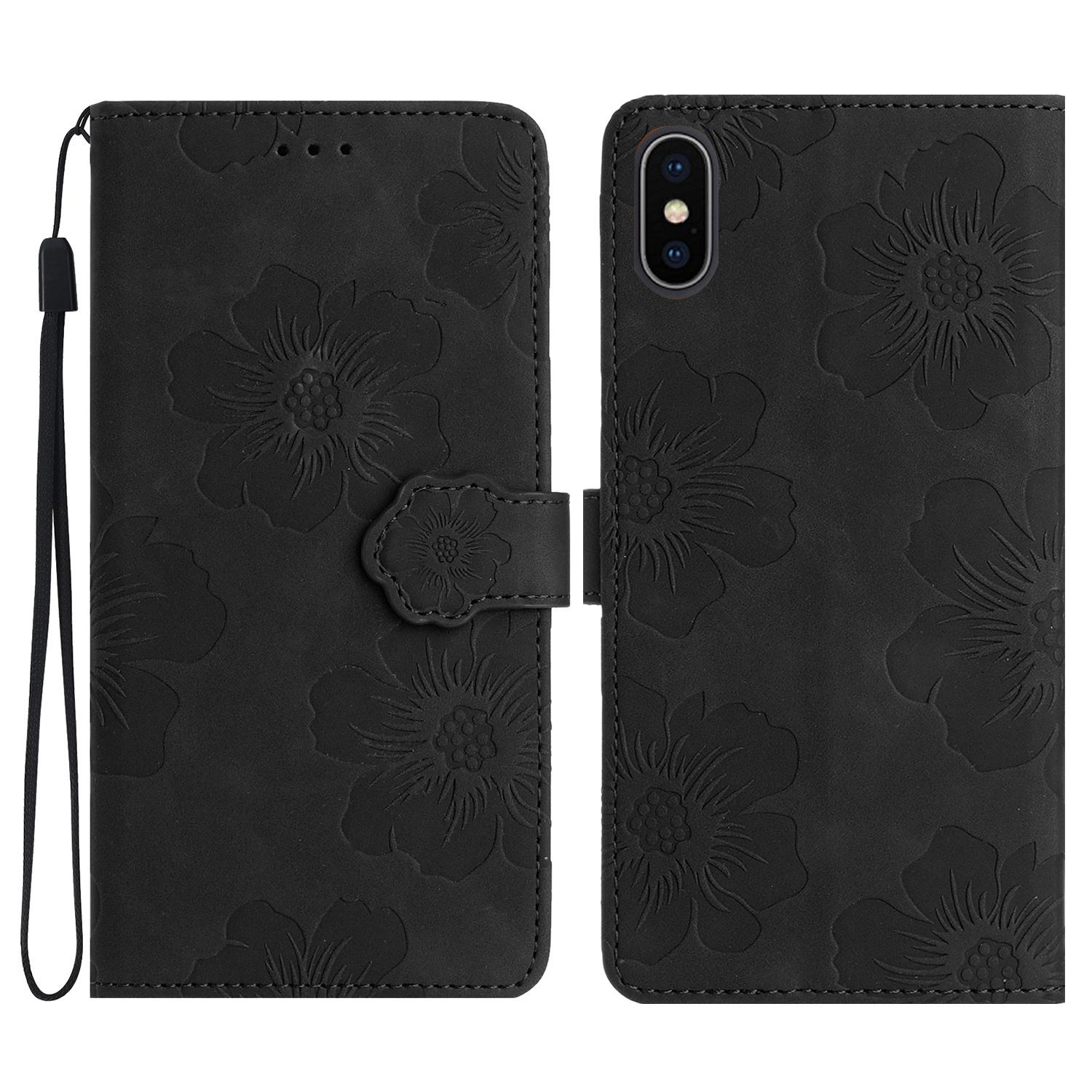 

For iPhone XS Max 6.5 inch Flowers Imprint Drop-proof Shell PU Leather Wallet Flip Stand Cover Black