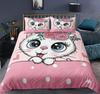 Cartoon Niedliche Katze Daunendecke Bettbezug 3-teiliges Set Einseitiger Druck Bettwäsche-Set Bequemer Deckenbezug mit 2 Kissenbezügen