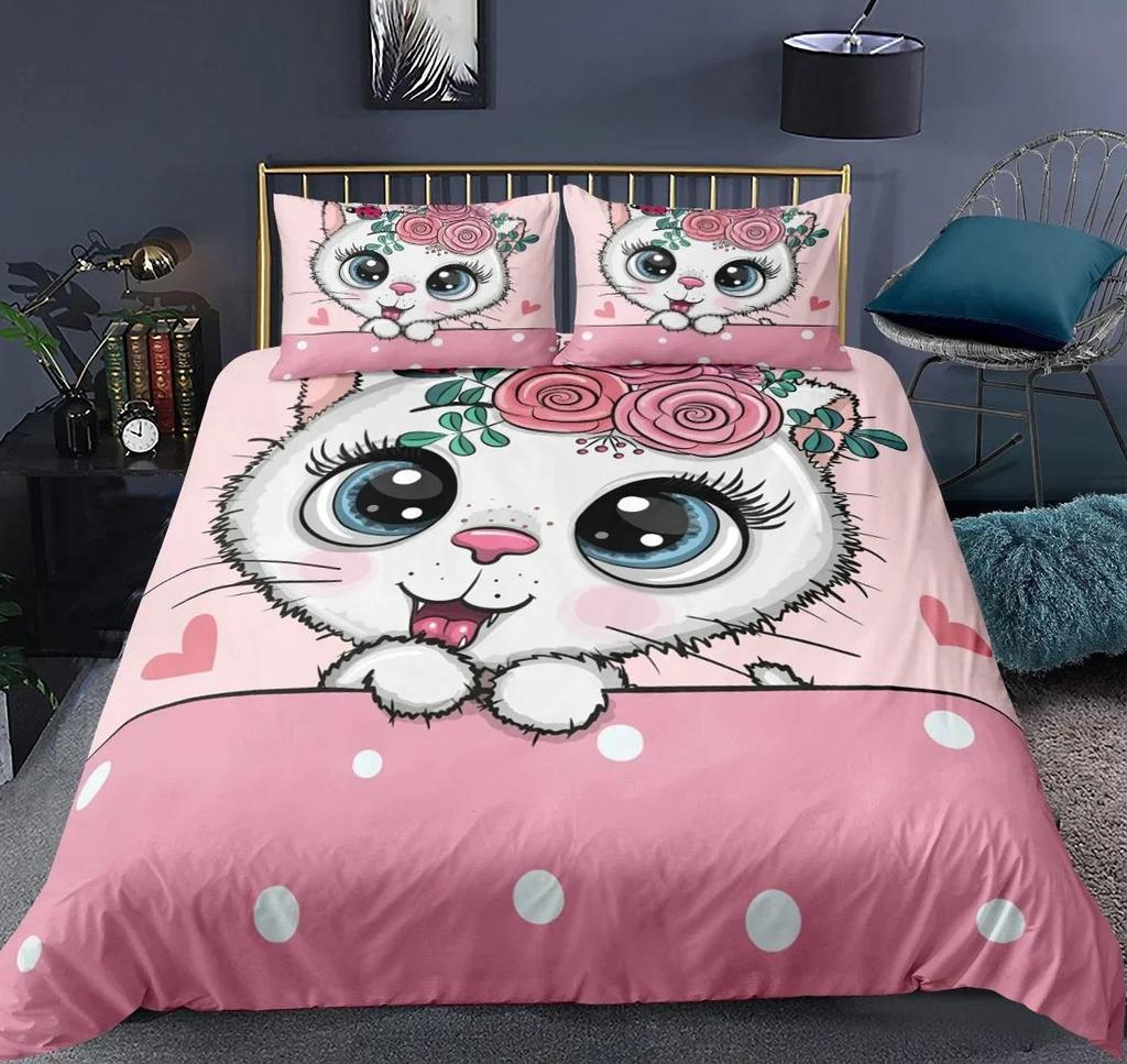Cartoon Cute Cat Down Duvet Cover 3 Piece Set Single-Sided Printing Bedding Set Comfortable Quilt Cover With 2 Pillowcases