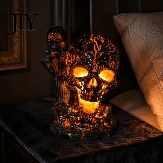 Amber Violet Glow Light Skull Table Lamp, Halloween Glowing Skeleton Resin Figurine, Gothic Ambient Unique Gift Night for Mantel Shelf Party