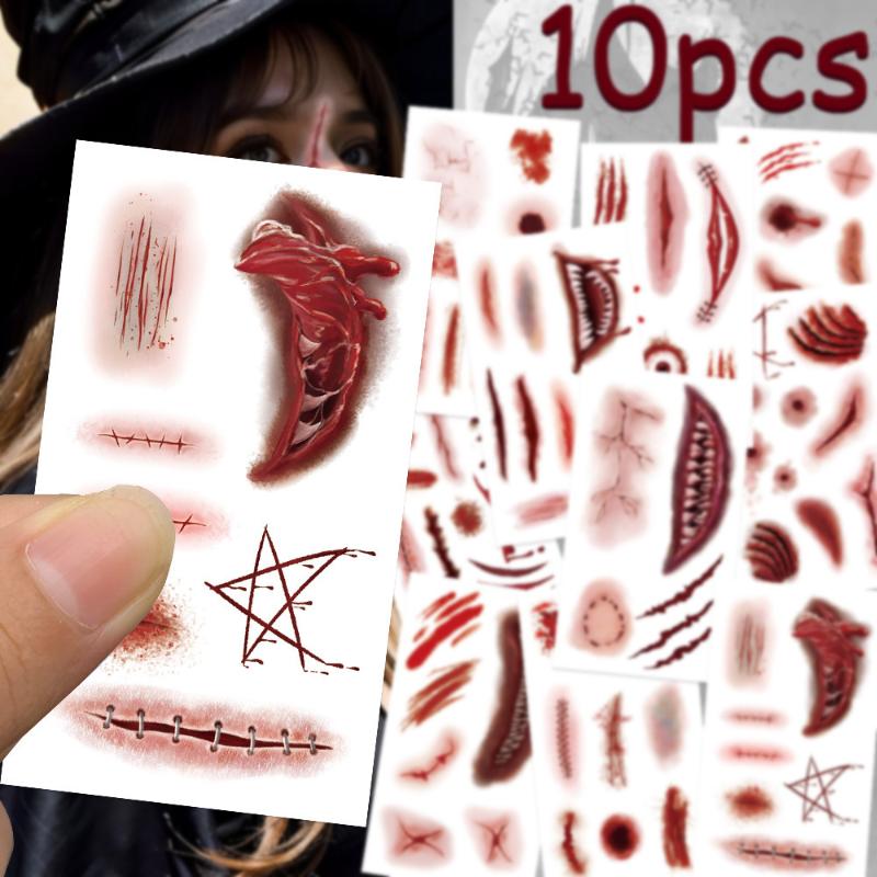 10 Sheets 3D Realistic Scar Tattoos Waterproof Fake Bloody Wound Stickers For Halloween Cosplay Face Body Makeup Adults