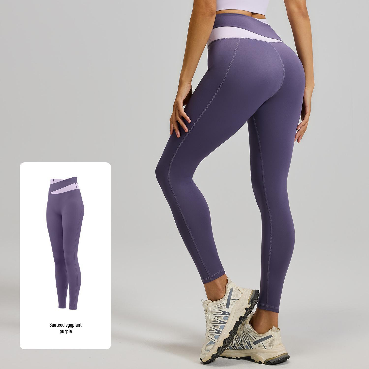 Women’s High Waist Color Block Yoga Pants - Butt Lifting, Tummy Control, High Elasticity, Cross Waist Fitness Running Leggings M